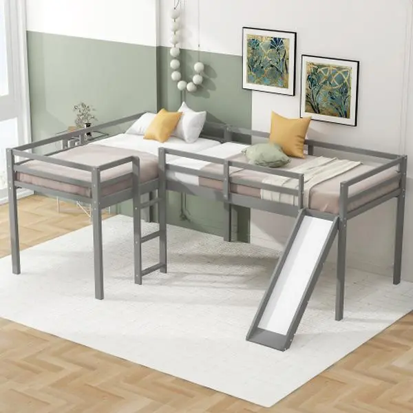 L-Shaped Loft Bed with Slide, Wooden Low Loft Beds , Twin Size Low Loft Bed with Built-in Ladders