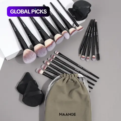 MAANGE Beauty Makeup Cosmetic Tool Set, 18pcs/set Professional Makeup Brush Set & 1 Count Drawstring Pouch & 5 Counts Triangular Power Puff, Great for Beginners #GLOBAL PICKS