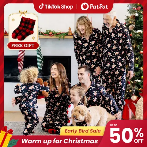Patpat Family Christmas Pajamas Soft Stretchy Polyester Long Sleeve Sleepwear Set, Ribbed Collar Elastic Waist for Easy Fit, Gingerbread Print, Cozy Matching Outfits for Adults, Kids & Baby in Autumn Winter, Dog Scarf, Spotlight Day, BFCM Early Bird