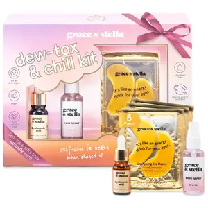 Dew-Tox and Chill Gift Set – Hydrating Self-Care Skincare Pamper Set with Under Eye Masks, Foaming Face Wash, Hyaluronic Acid Serum Stocking Stocker by grace & stella