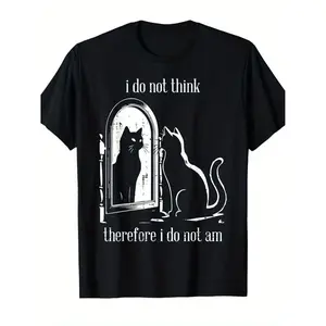 Humorous I Do Not Think Therefore I Do Not Am Cat Graphic T-Shirt with Print Retro Minimalist Unisex Casual Short Sleeve Round Neck Tee for Men and Women