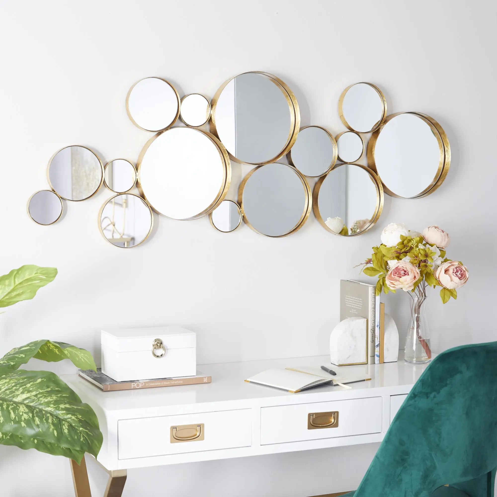 CosmoLiving by Cosmopolitan Gold Iron Wall Mirror, Bubble Cluster Design, Glass Surface, MDF Backing, Decor Piece for Entryway, Light, Satin