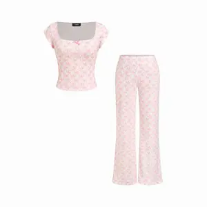Cider Pink Bow Print 2-Piece Outfit - Square Neck Short Sleeve Top & Wide Leg Pants Set for Women