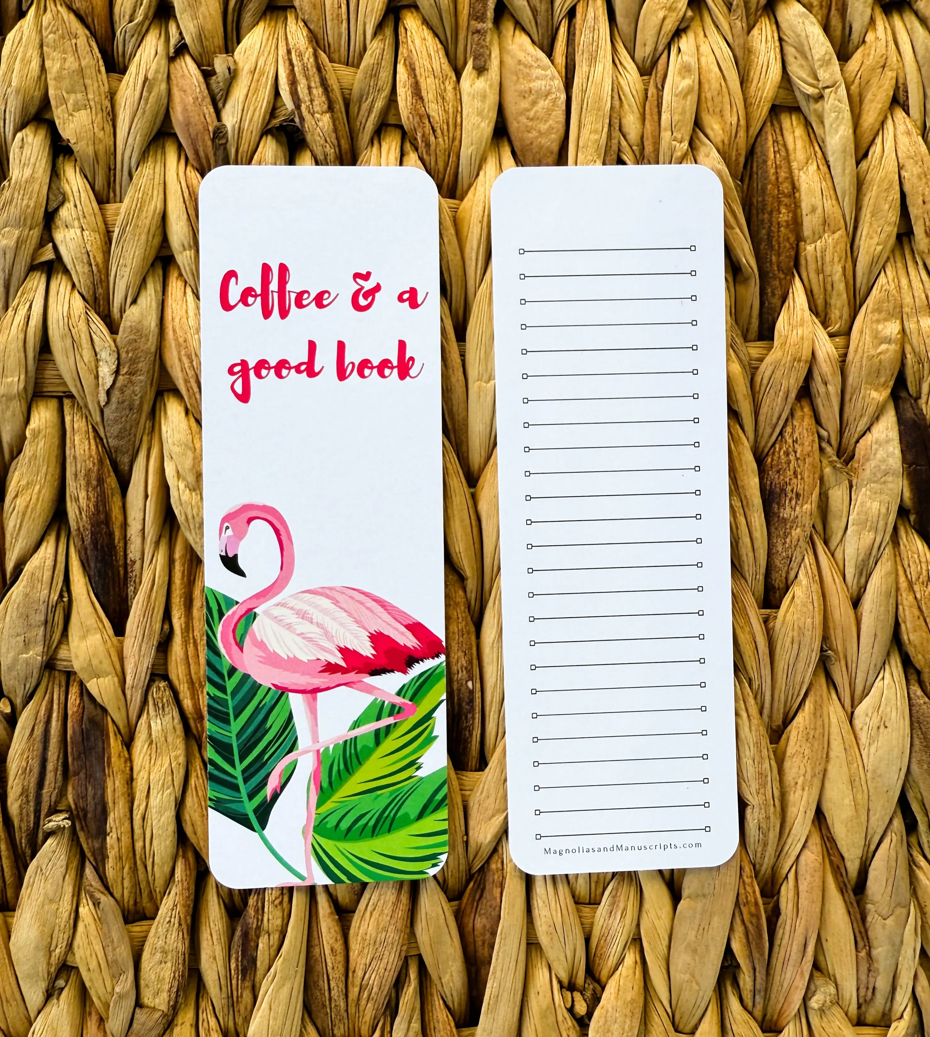 Flamingo Tropical Bookmark - Coffee & A Good Book Design with Pink Flamingo Illustration and Leaf Motif
