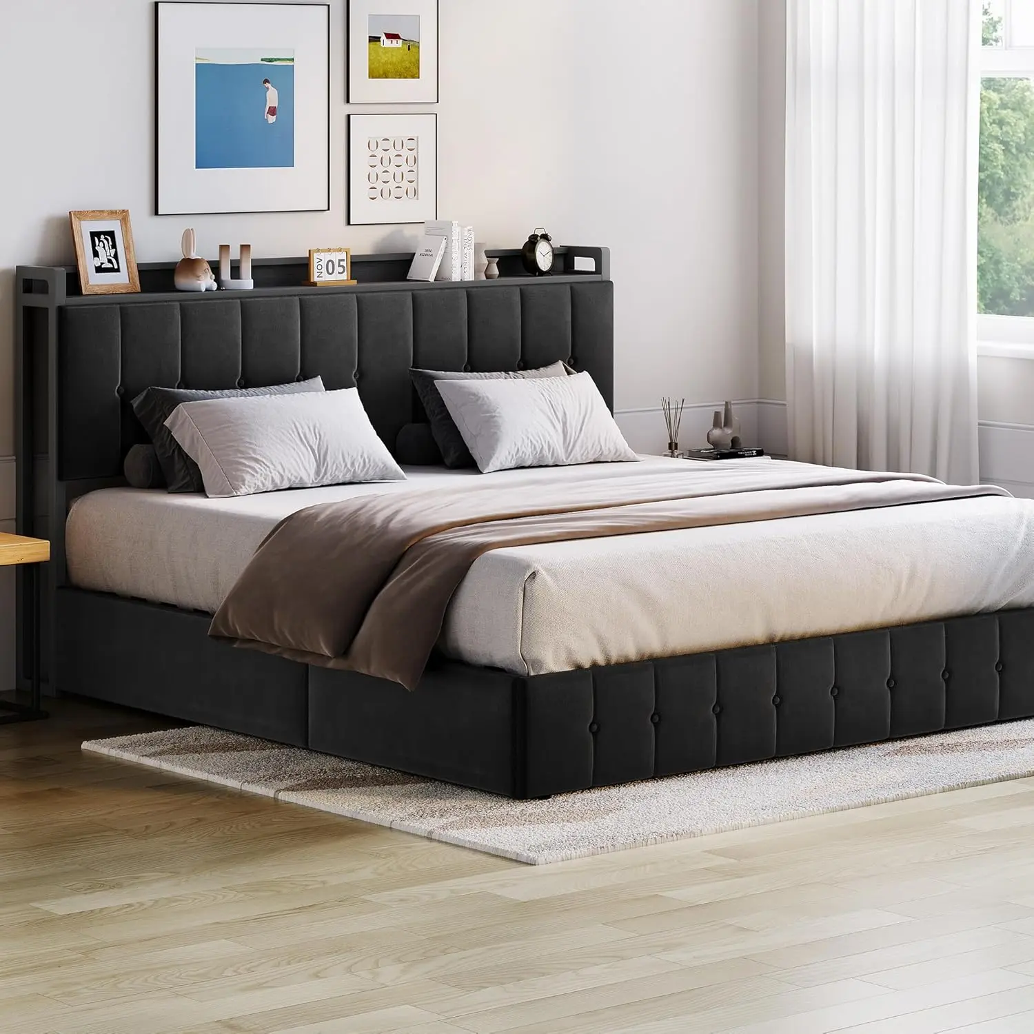 Bed Frame with Lift Up Storage Upholstered Velvet Bed with Storage Headboard Metal Platform Bed Button Tufted Headboard No Box Spring Needed Solid Wooden Slats, Hydraulic Storage Bed, Upholstered Platform Bedframe, Modern