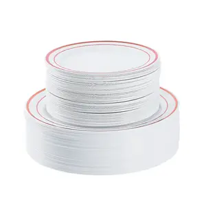 Bulk  100 Ct. Premium White Plastic Plates with Rose Gold Trim