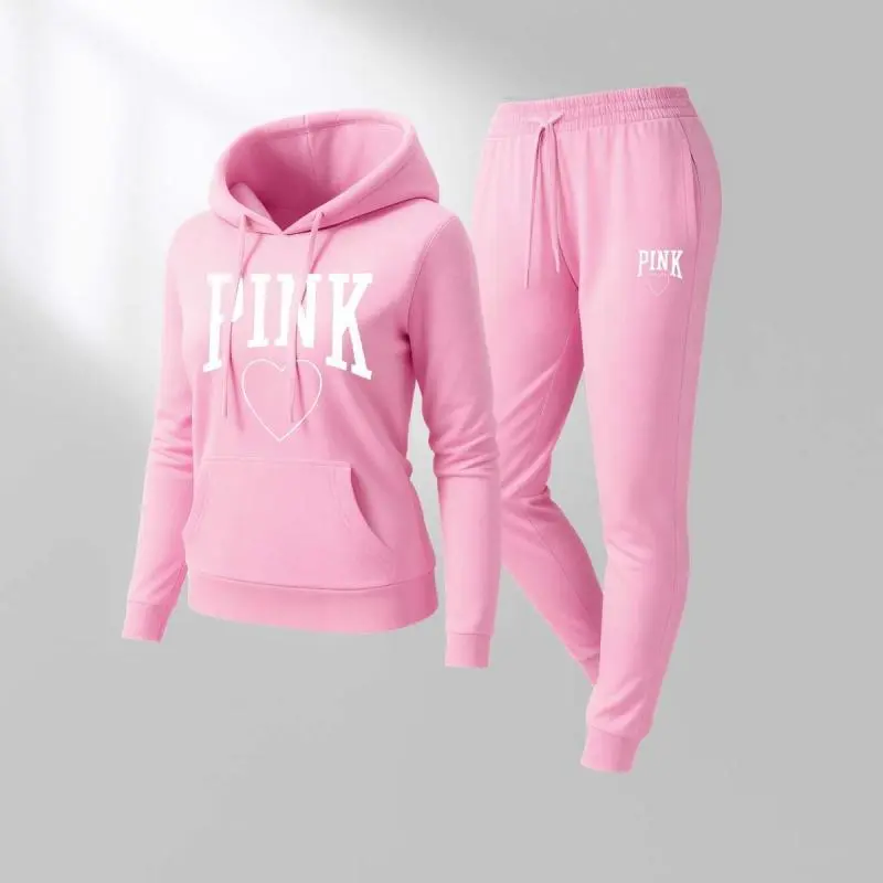 Women's Pink Heart Print Hoodie And Drawstring Track Pants Set, Casual Sportswear, Long-Sleeved Hooded Jacket And Pants, Suitable For Autumn And Winter, Everyday Wear, Indoor And Outdoor Sportswear, Casual Sportswear. Women's Pink Heart Print Hoodie And Drawstring Track Pants Set, Casual Sportswear, Long-Sleeved Hooded Jacket And Pants, Suitable For Autumn And Winter, Everyday Wear, Indoor And Outdoor Sportswear, Casual Sportswear.