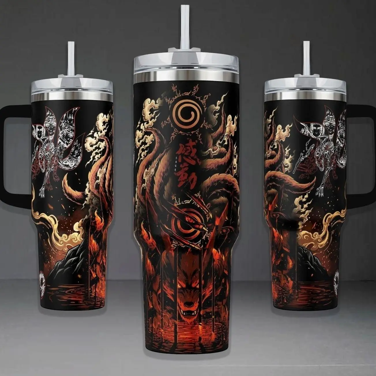 Kurama Nine-Tails Fox Tumbler, Naruto Shippuden Sage Mode 40oz Cup with Handle, Kyuubi Seal 20oz Stainless Steel Travel Mug, Anime Ninja Gift, Kurama Inspired Insulated Tumbler