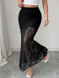 Elegant Lace High Waist Bodycon Skirt, Casual, All-Season New Arrival, Slimming Fit, Versatile Pure Color, Commuter Vacation Date Women's Half Slip Dress, Womenswear, Bottom