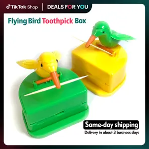 Wankam Green Bird Automatic Toothpick Dispenser - Press-Type Pecking Holder Box, High-Quality Odorless Plastic Organizer, Gift-Worthy Kitchen Gadget with Automatic Operation Ornaments Portable Storage