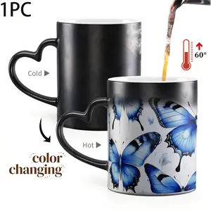 1pc Magical Color Changing Mug with Blue Butterfly Print Design - Heat Sensitive Color Changing Mug, Heart-Shaped Handle, Gift for Mother's Day, Coffee Mug, Beverage Mug, 11oz/325ml