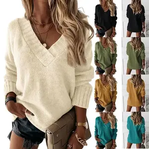 Womens Loose Sweaters Sexy V Neck Long Sleeve Solid Knitted Jumper Pullover Sweatshirt Tops