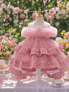 Toddler Girl's Glitter Sequin Decor Ruffle Trim Dress, Cute Fashion Casual Round Neck A Line Dress for Party Holiday, Kids Clothing for All Seasons