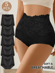 Women's Plus Size High Waist Triangle Panties, Womenswear, Tummy Control Shaping, Soft Breathable Elastic Comfort Fit, 5 Pack, All Seasons
