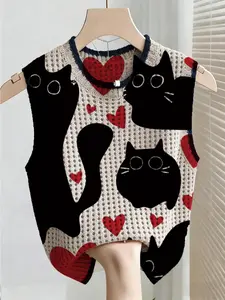 Boho Style Summer Vacation Knit Top, Casual Loose Fit Round Neck Sleeveless Hollow Out Color Block Cardigan, Cute Cat Print Women's Sweater, Knitwear, Knitting