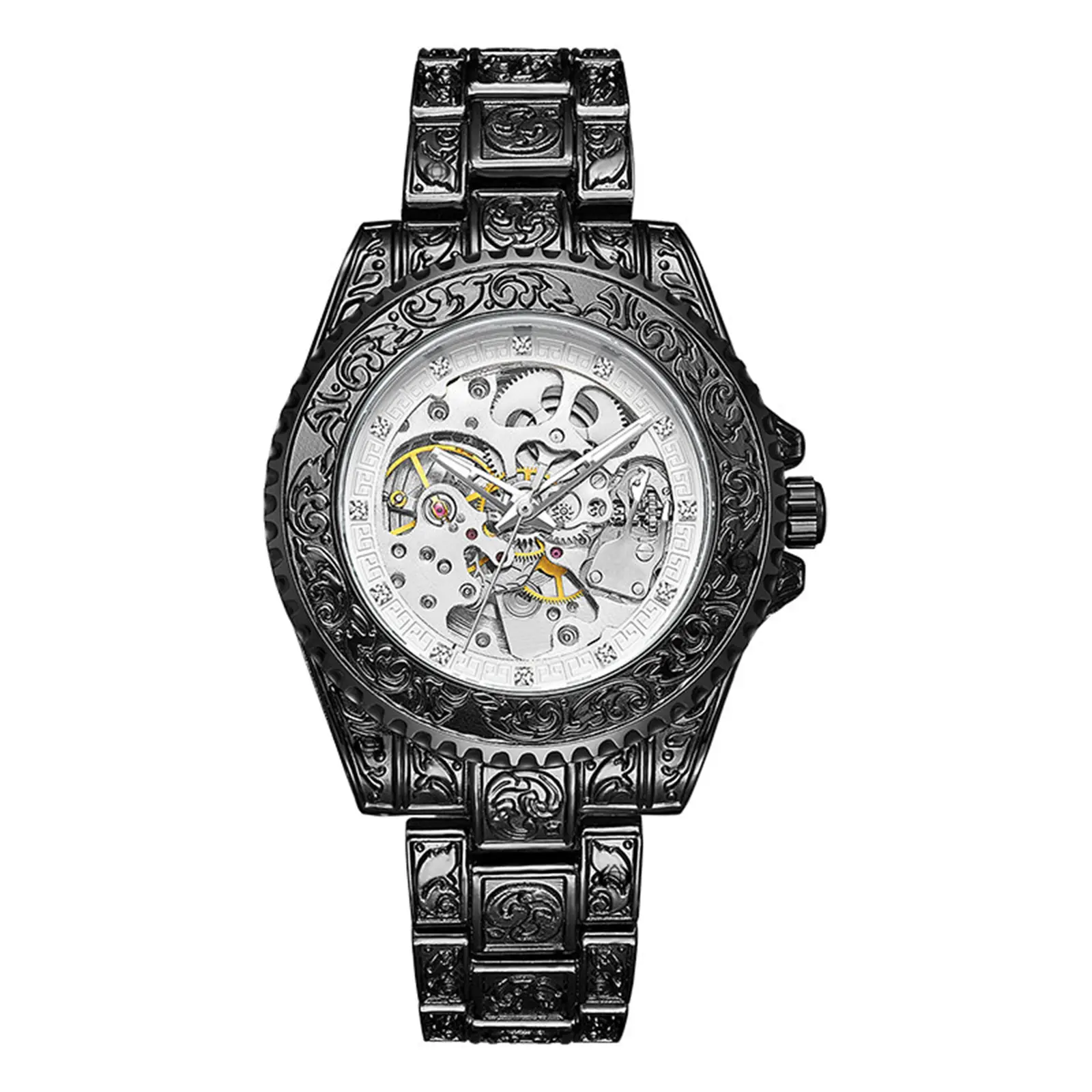OIDEA Men's Vintage Automatic Skeleton Wristwatch, Embossed Stainless Steel with 36-Hour Power Reserve, Rotatable Bezel & Luminous Hands, Retro Style, Skeleton Dial, Alloy, Vintage Emboss, Rotating Bezel, Retro Look, Crystal Rhinestone Wrist Watches