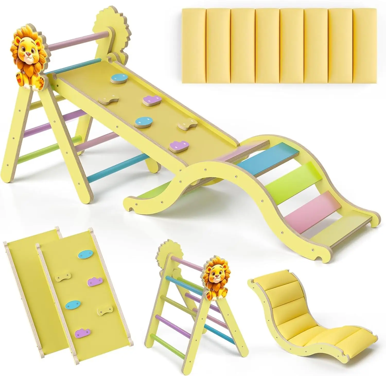 Pikler Triangle Set with Cushion 9 in 1, Climbing Toys for Toddlers 1-3, Montessori Indoor Baby Playground for Safe Motor Skills Development (Yellow-Lion-Set)