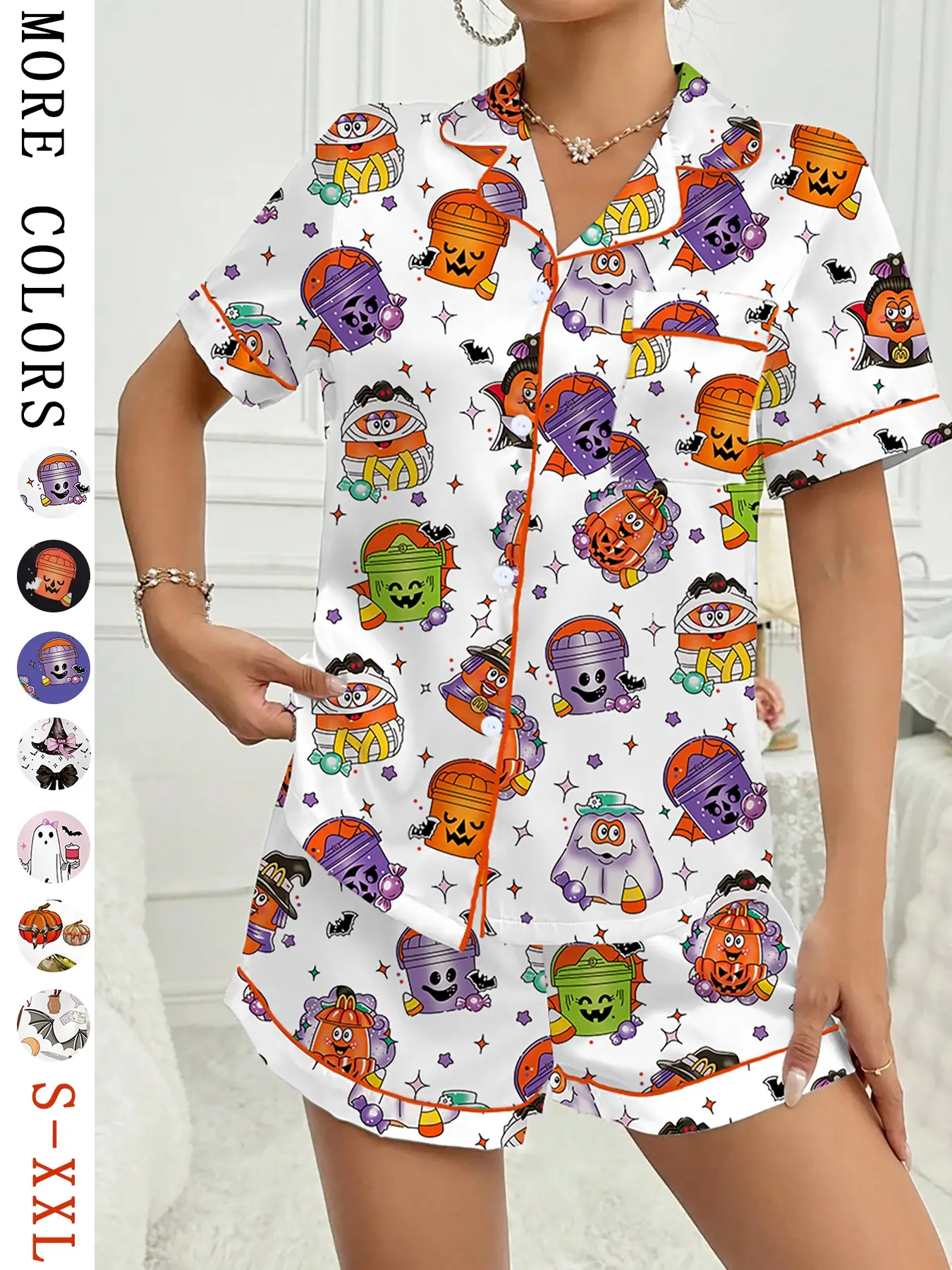 Women's Halloween Print Pajama Set, Casual Comfy Short Sleeve Top & Shorts Set, Ladies Sleepwear for All Seasons, Loungewear