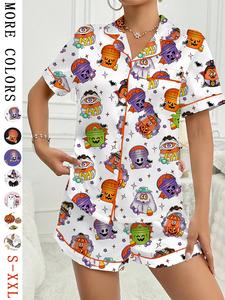women's halloween print pajama set, casual comfy short sleeve top & shorts set, ladies sleepwear for all seasons, loungewear