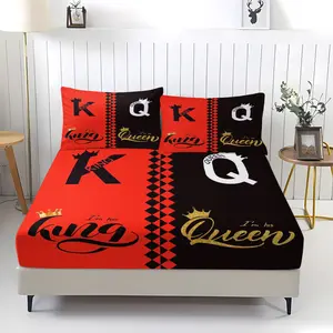 King" "Queen" Printed Three-Piece Fitted Sheet Set, Including Two Coreless Pillowcases, With Strong Wrapping, A Couple-Themed Bedding Gift, Full of Romantic and Sweet Atmosphere in The Bedroom, Warm and Soft Bedding, Bed Sheet Sets