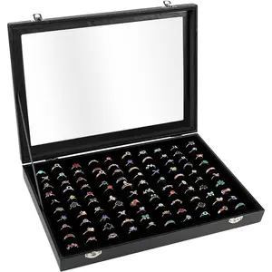 Ring Display Case Organizer Box with Transparent Lid, 100 Slots Ring Storage Display Box Case Tray Holder PU Leather Black