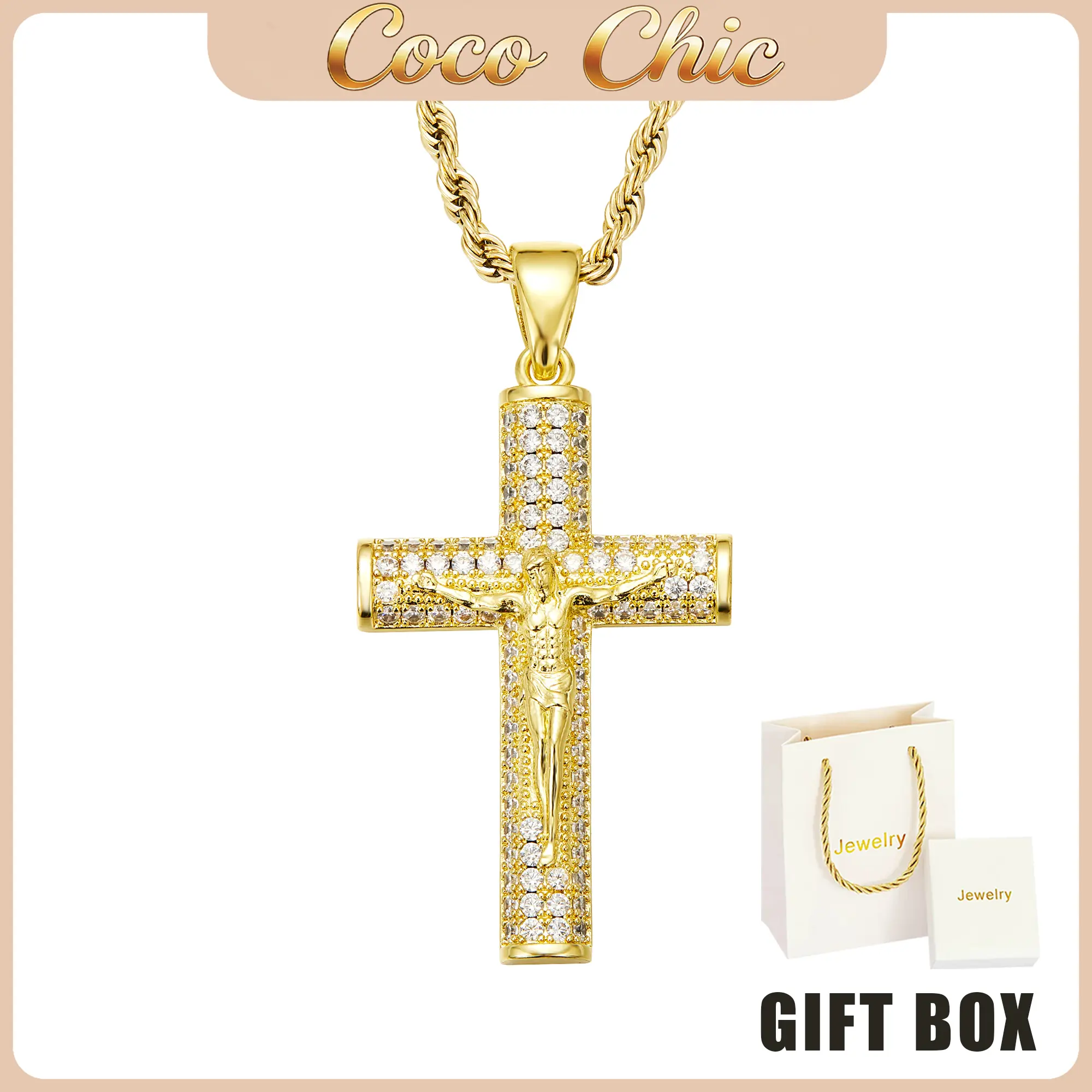New 14K Gold-Plated Twisted Rope Chain Jesus Cross Pendant Necklace | Ice Crystal Zircon Cross | High-End Christian Religious belief Necklace Selected Gift Crucifix men's jewelry