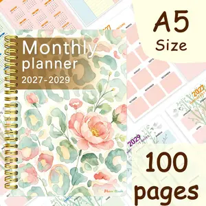 2027-2029 Three-Year Monthly Planner A5 Size Watercolor Floral Leopard Print Spiral-Bound Notebook with Multi-Functional Goal Planning Sheet for Scheduling and Important Dates Marking