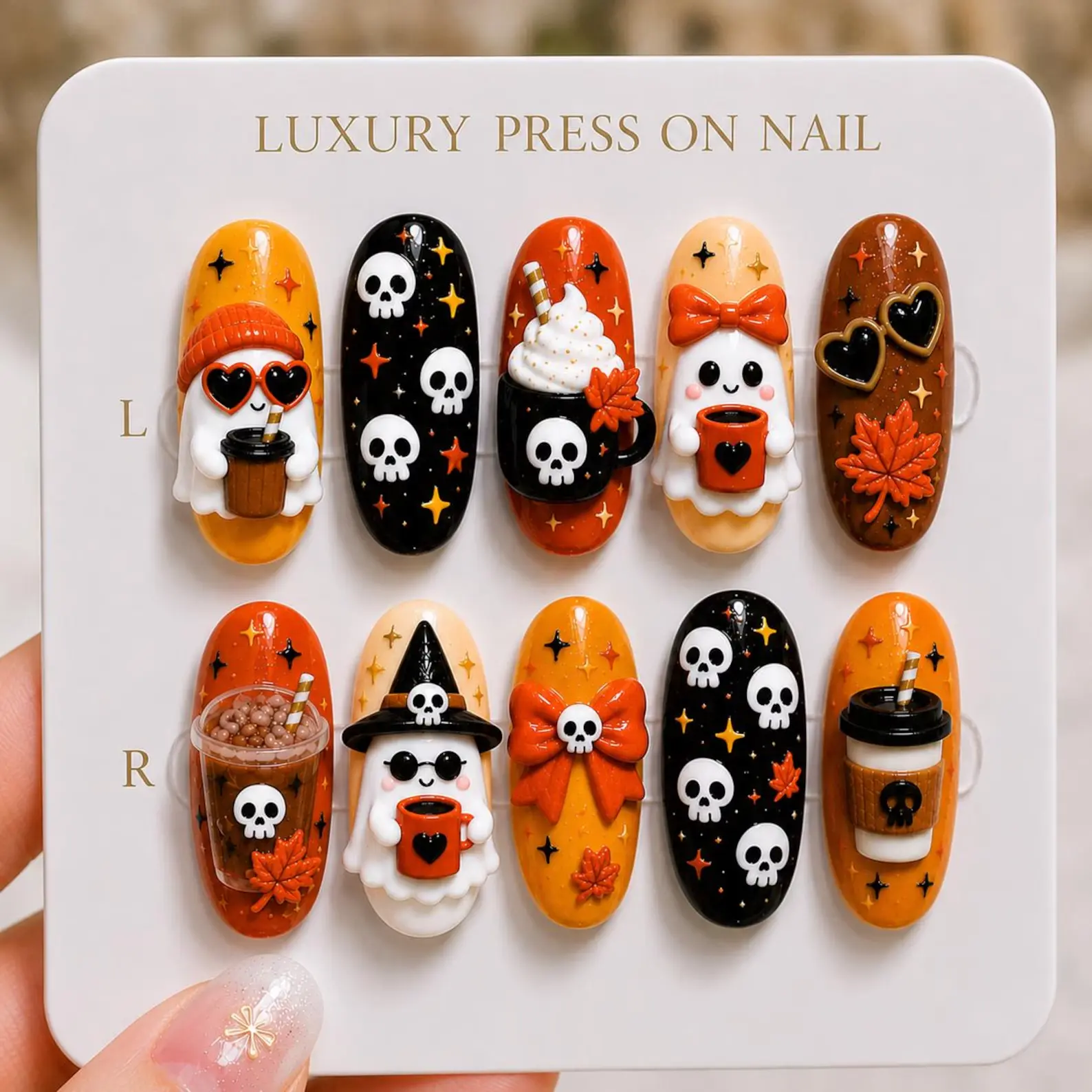 Halloween Press-On Nails Set, Spooky Ghost & Ghostface Designs, Coquette Fall Style, 3D Skull Coffee Cup & Bow Accents