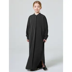 Solid Color Button-Up Abaya with a Small Collar for Muslim Girls During Ramadan in The Middle East.