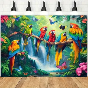 60in x 40in 1pc Vibrant Tropical Parrot & Exotic Flower Jungle Scene - Polyester Holiday Decoration for Photo Booths, Seasonal Displays, and Indoor/Outdoor Use, Easy to Hang, No Power Needed