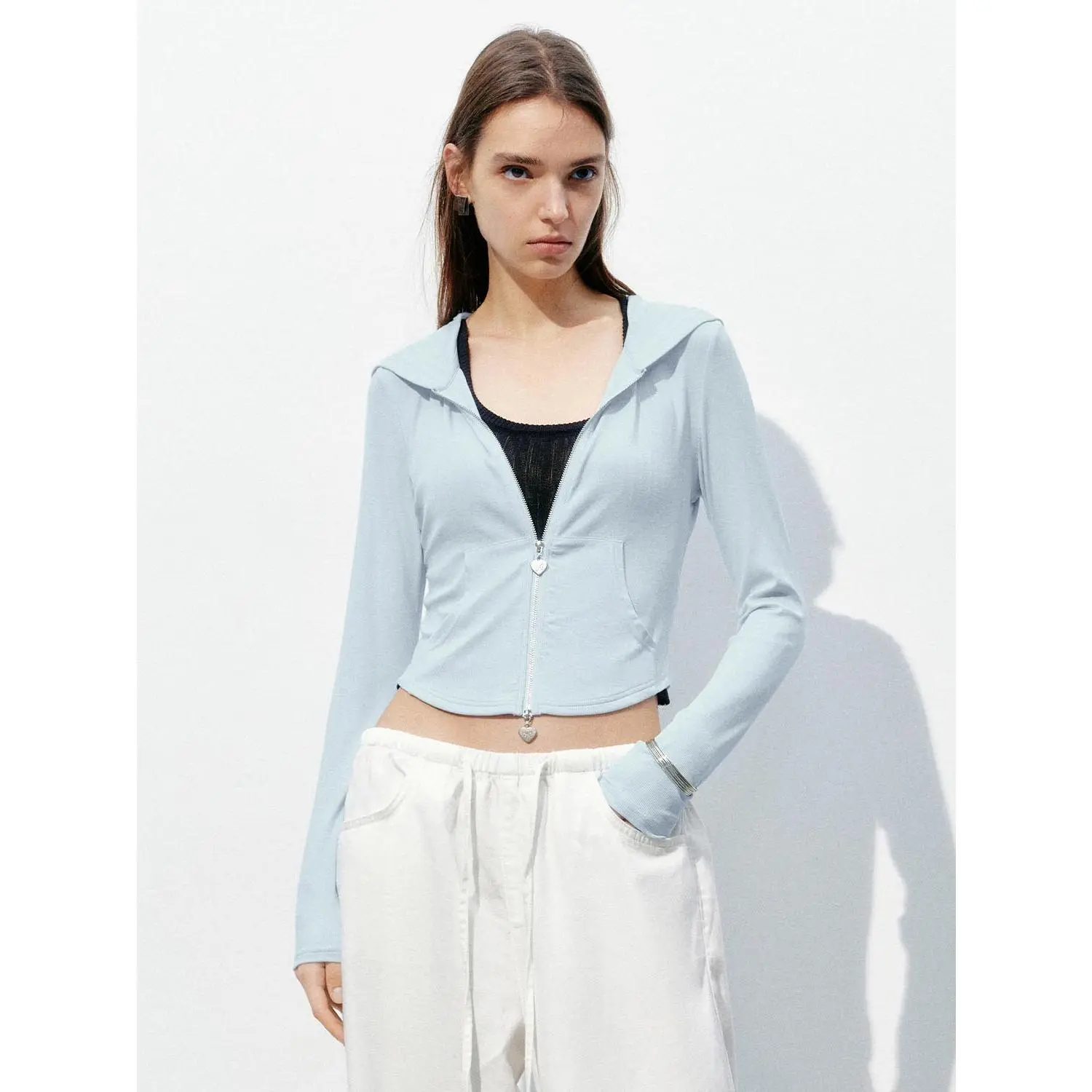 Women's Sporty Cropped Zip-Up Hoodie with Heart Dual-Zipper, Lightweight Lyocell Modal Blend Athletic Fashion Activewear, Heart Print Hoodie, Zipup Hoodie