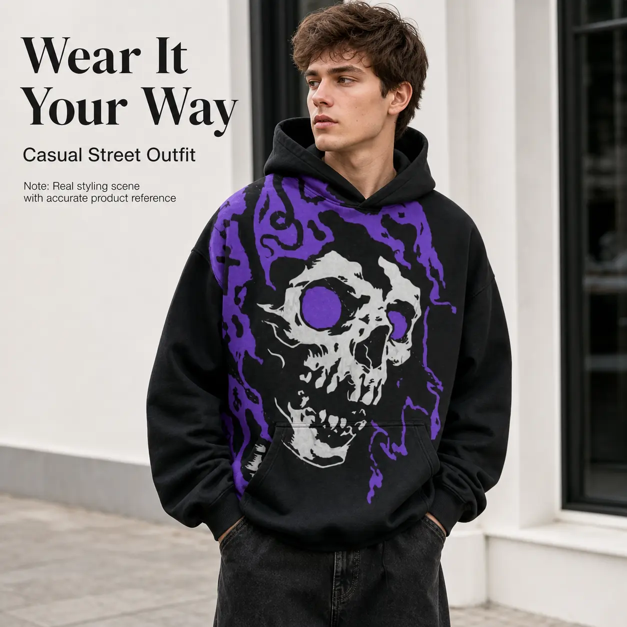 Women's Vintage Washed Polyester Fabric Long-Sleeve Purple Skull Flame Graphic Cropped Hoodie - Unisex Soft Loose Drawstring Pullover, S-6XL Plus Size Streetwear with Kangaroo Pocket for Winter Casual Outfits