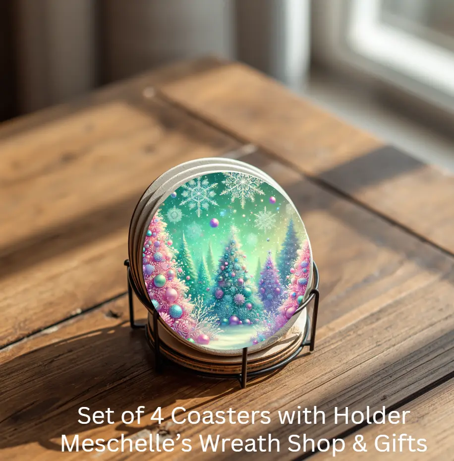 Pastel Christmas House Coasters Set of 4 Ceramic Coasters with Metal Holder