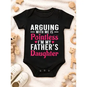 100% Cotton Baby Onesie, 'ARG UING with ME IS Pointless I'M MY FATHER's Daughter' Bold White Pink Text Print, Cute Baby Items Surrounding Design, Unisex Infant Jumpsuit for Toddlers, Festive and Stylish Outfit for Baby Boys Girls, Perfect for Outdoor