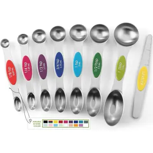 Stainless Steel Magnetic Measuring Spoons Set with Strong Magnets, Heavy Duty Metal Kitchen Essentials - Fits in Most Kitchen Spice Jars, Multicolor, Set of 8 with Leveler