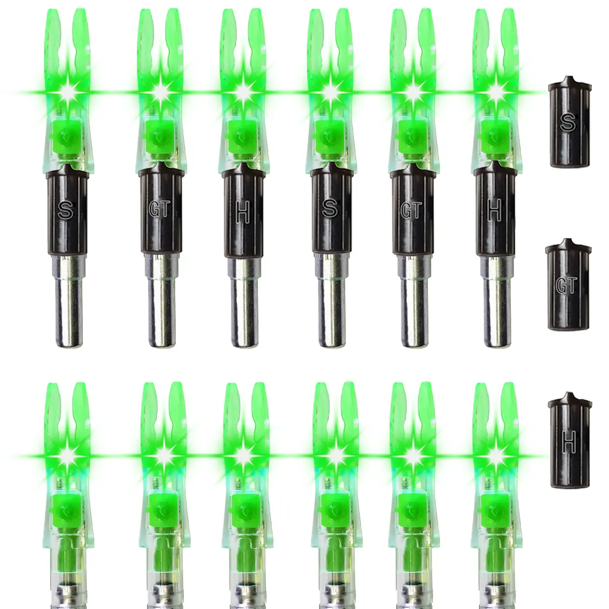 12pcs X Lighted Nocks for Arrows with .205'' .232'' .244'' .248'' Inside Diameter with H, S, GT Bushings, High-Visibility Light Up Nocks with ON/Off S