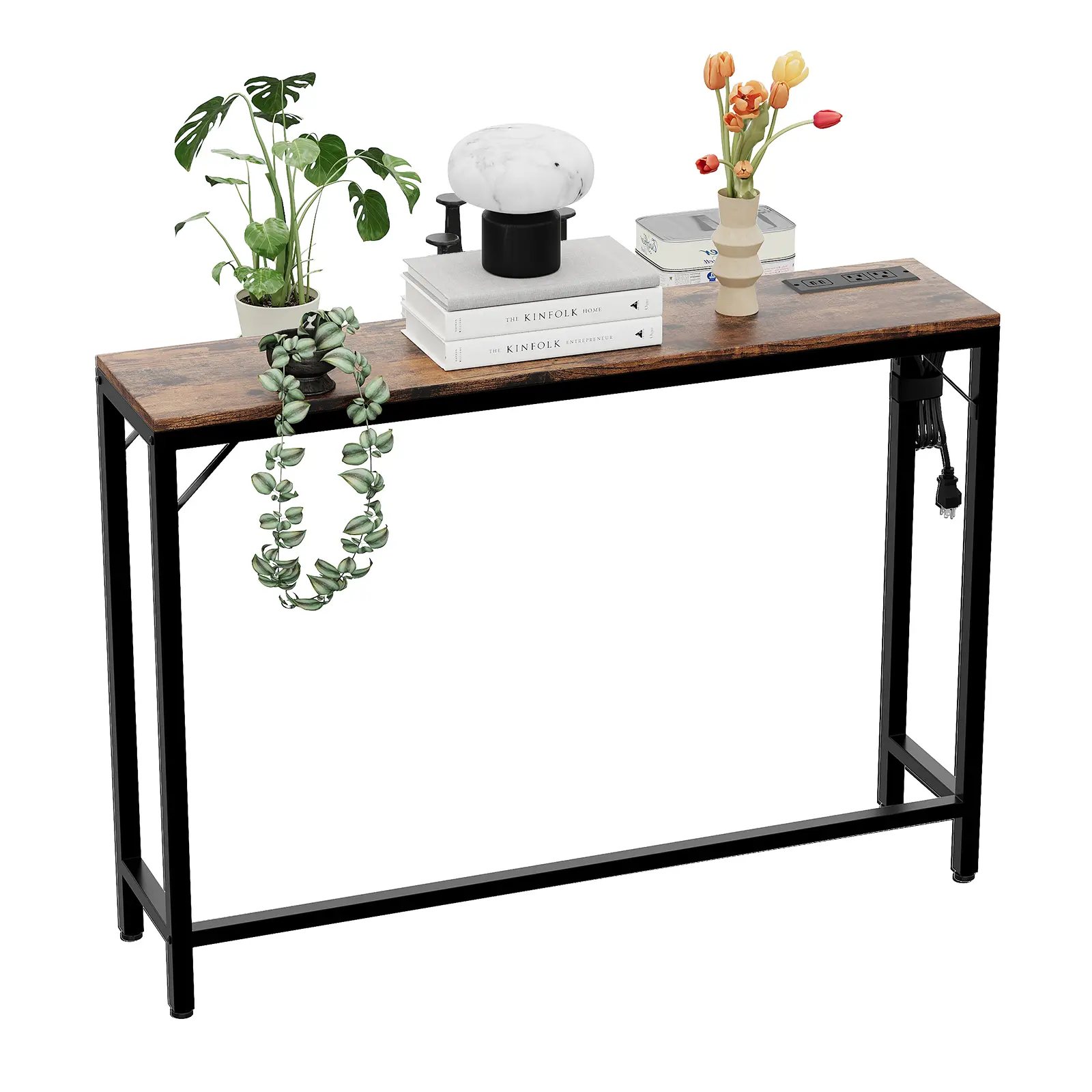 Narrow Console Table with Charging Station – Slim Sofa Side Table with Power Outlets & USB Ports – Metal & MDF Entryway Table with Storage, Adjustable Feet for Living Room, Hallway, Bedroom