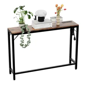 Narrow Console Table with Charging Station – Slim Sofa Side Table with Power Outlets & USB Ports – Metal & MDF Entryway Table with Storage, Adjustable Feet for Living Room, Hallway, Bedroom