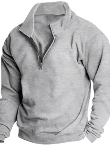 Men's Solid Color Half-Zip Long Sleeve Pullover Sweatshirt, Polyester Fabric, Fleece Lined, Casual Fit, Spring & Summer Wear, Tops