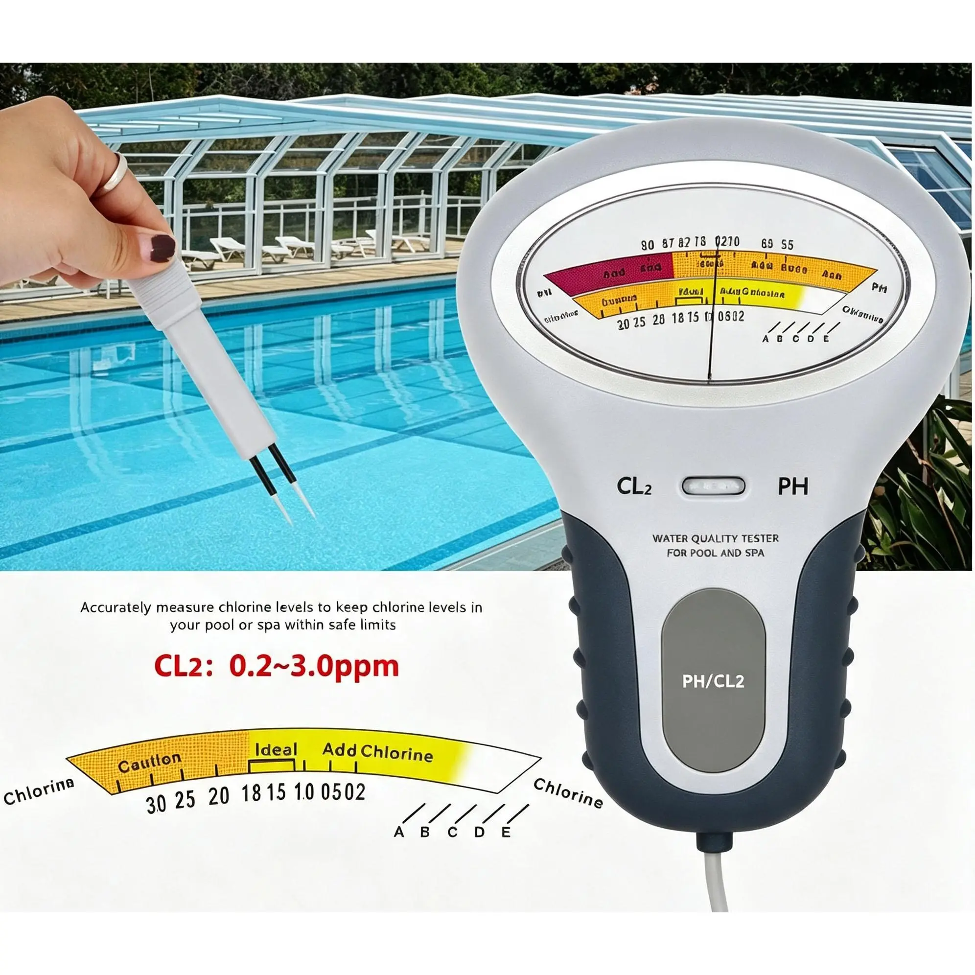 Home-Use Digital pH & Chlorine Tester with Probe, Digital Display, Plastic Body, Compact Family-Friendly Design, Pool Water Test Tool for Maintaining Ideal Water Chemistry to Prevent Ear Infections & Diarrhea