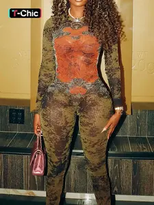 Women's Mesh Print Bodysuit Jumpsuit, Sexy Slim-Fit High Waist Zipper Long Sleeve Jumpsuit, Fashion Chic Style Casual Wear for Lady Clothing Spring + Summer Womenswear