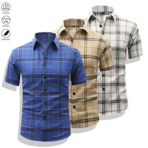 Men’s plaid short-sleeve shirt set, new summer style with a turn-down collar—men’s outdoor shirt for summer wear