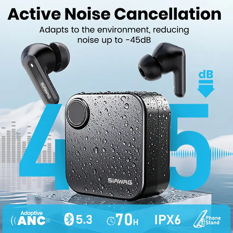 VOPRENE Bluetooth 5.3 Wireless In-Ear Headset, Portable Bluetooth Earbuds with 2-in-1 Silicone Charging Case Phone Stand, 35dB Hybrid Active Noise Cancelling, Powerful Bass, 70H Playtime, Waterproof Wireless Earbuds for Gym Sports, Stable Connection