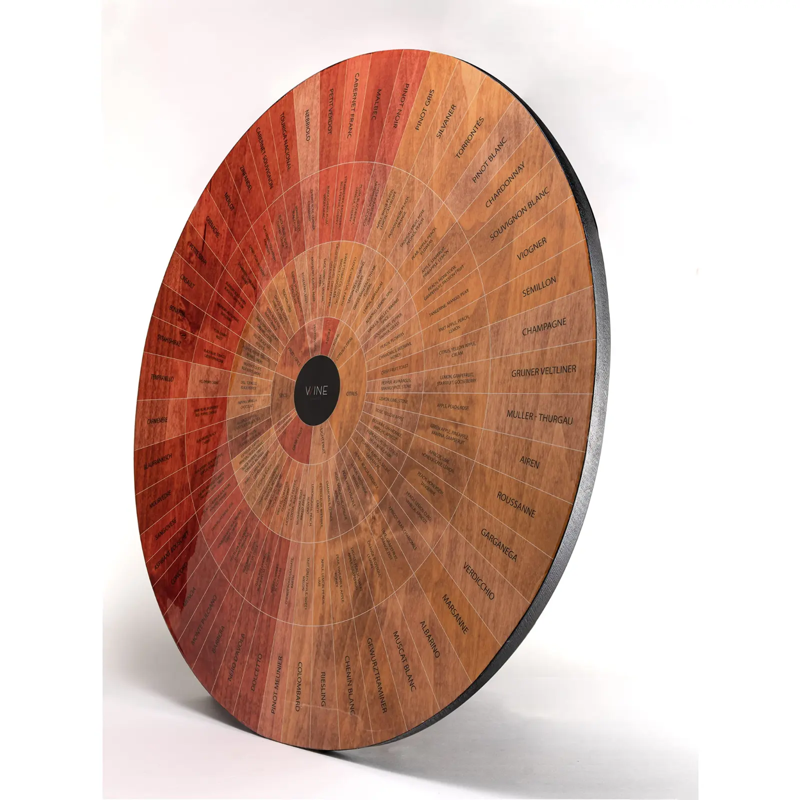 Wine Wheel Handcrafted Wood - for Both Amateurs and Connoisseurs, A Guide to On Tasting, Identifies Primary, Secondary & Tertiary Flavors, as Well As Colors - Use as is, Decor or Cheeseboard (Glossy)