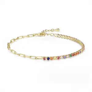 Cuafufu Romantic Gold-Plated Rainbow Gemstone Bracelet for Women – Multicolor Cubic Zirconia Chain Bracelet Elegant Fashion Jewelry