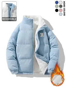 Men's Thick Fleece Winter Jacket, Double-Sided Wearable Stand Collar with Striped Design, Loose Fit, Zipper Closure, Hand Wash Only, Polyester Fill, Suitable for Outdoor and Casual Wear Menswear Coats Long Sleeve Smog Blue