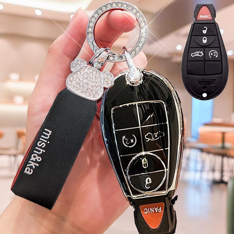 Car Key Case, 1 Count Rhinestone Decor Car Key Protector with Keychain, Car Key Case for Jeep Grand Cherokee 09-12 Chrysler 300 Dodge Charger RAM