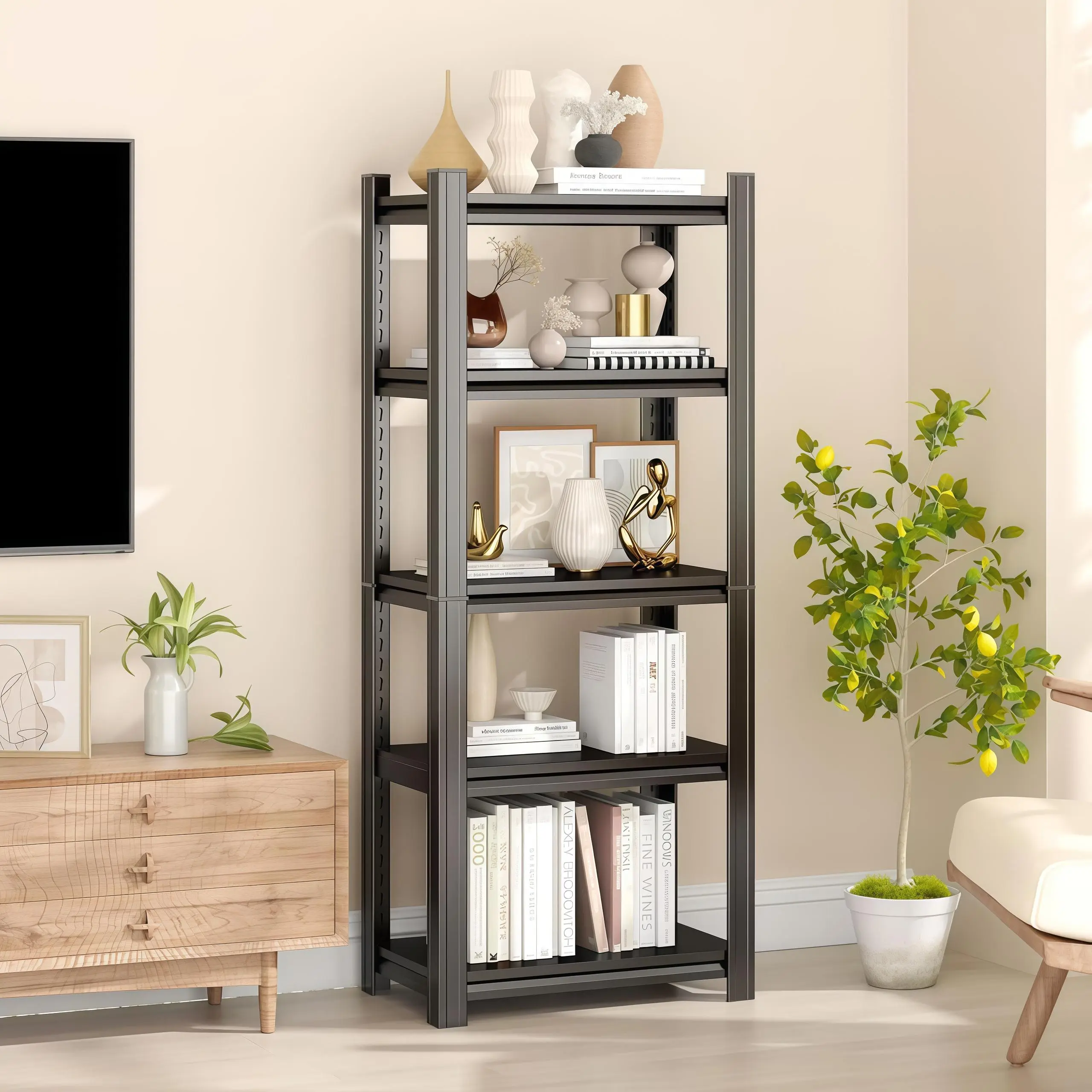 Black 5-Tier Adjustable Heavy-Duty Wide Metal Bookcase, Tall Storage Unit, Suitable for Living Rooms, Offices, 59"H × 16"W × 16"D