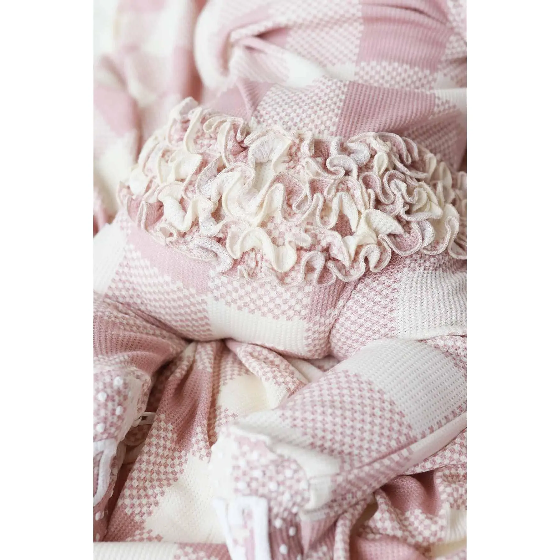 Big Check Bamboo Waffle Zipper Ruffle Footie | Rosy