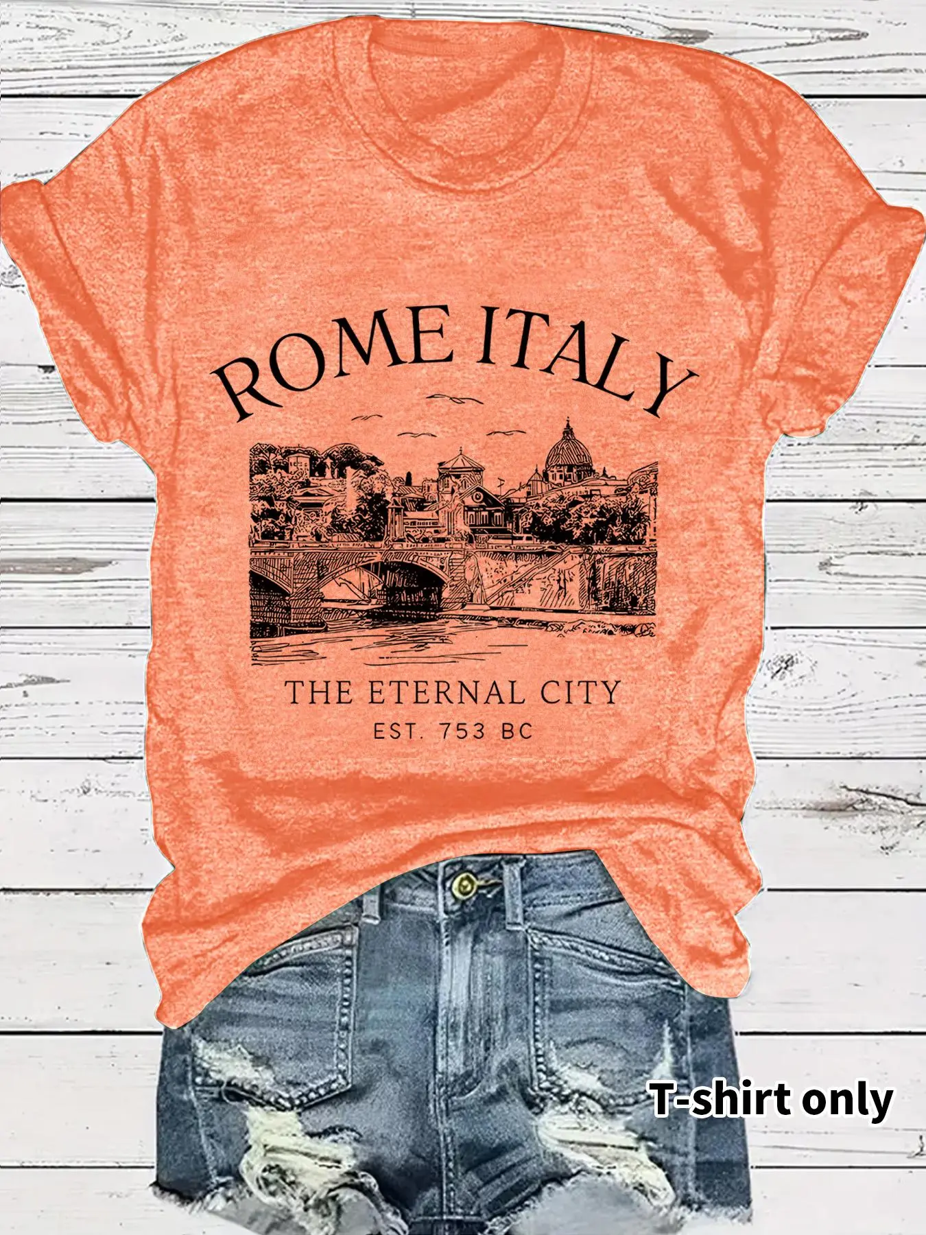 Women's Rome Italy City Print Round Neck Tee Tops, Chic Casual Short Sleeve T-shirt for Summer, Ladies Clothes for Daily Wear, Womenswear